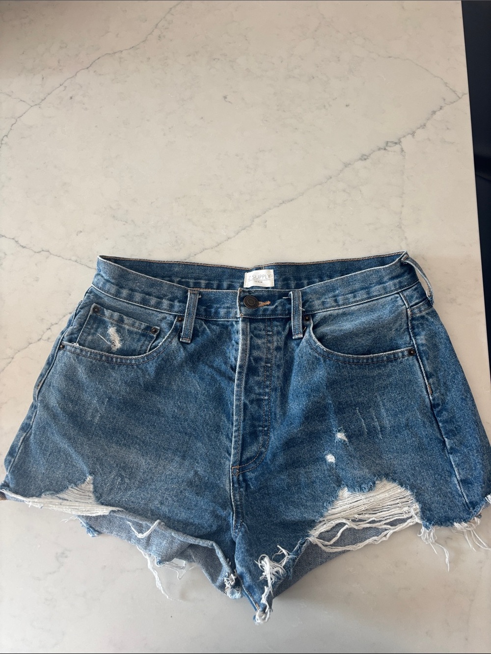 Z Supply Distressed High-Rise Denim Shorts - Blue